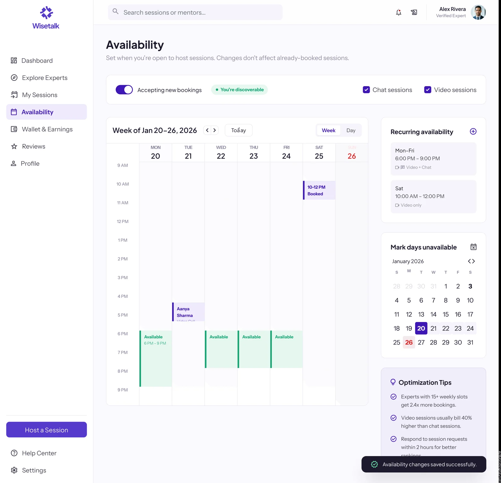 Availability screen with a weekly calendar and recurring slots