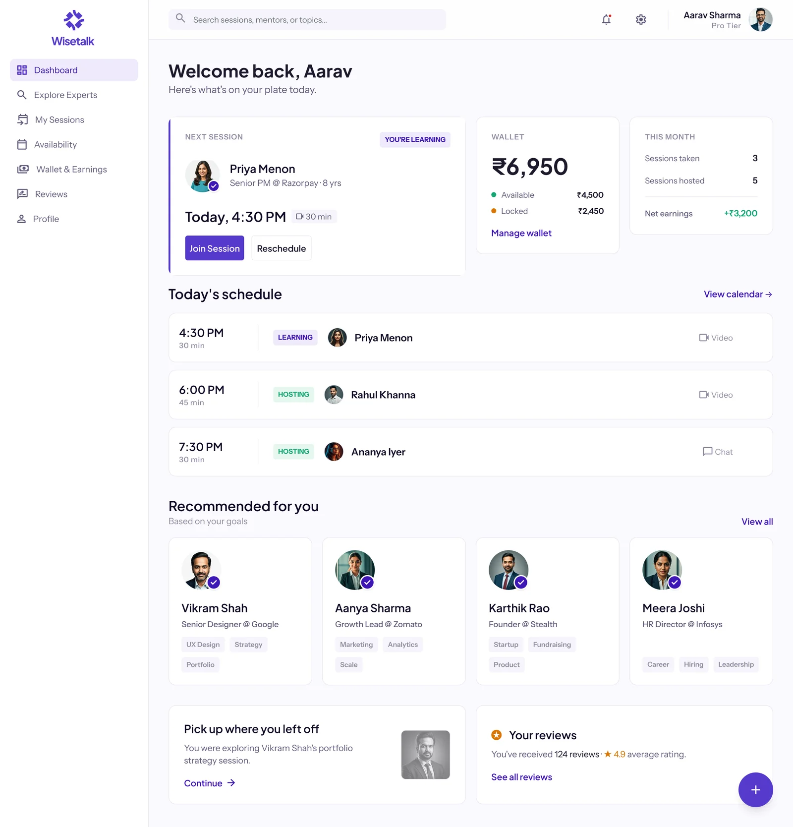 WiseTalk career mentorship dashboard for finding and managing 1:1 mentor sessions