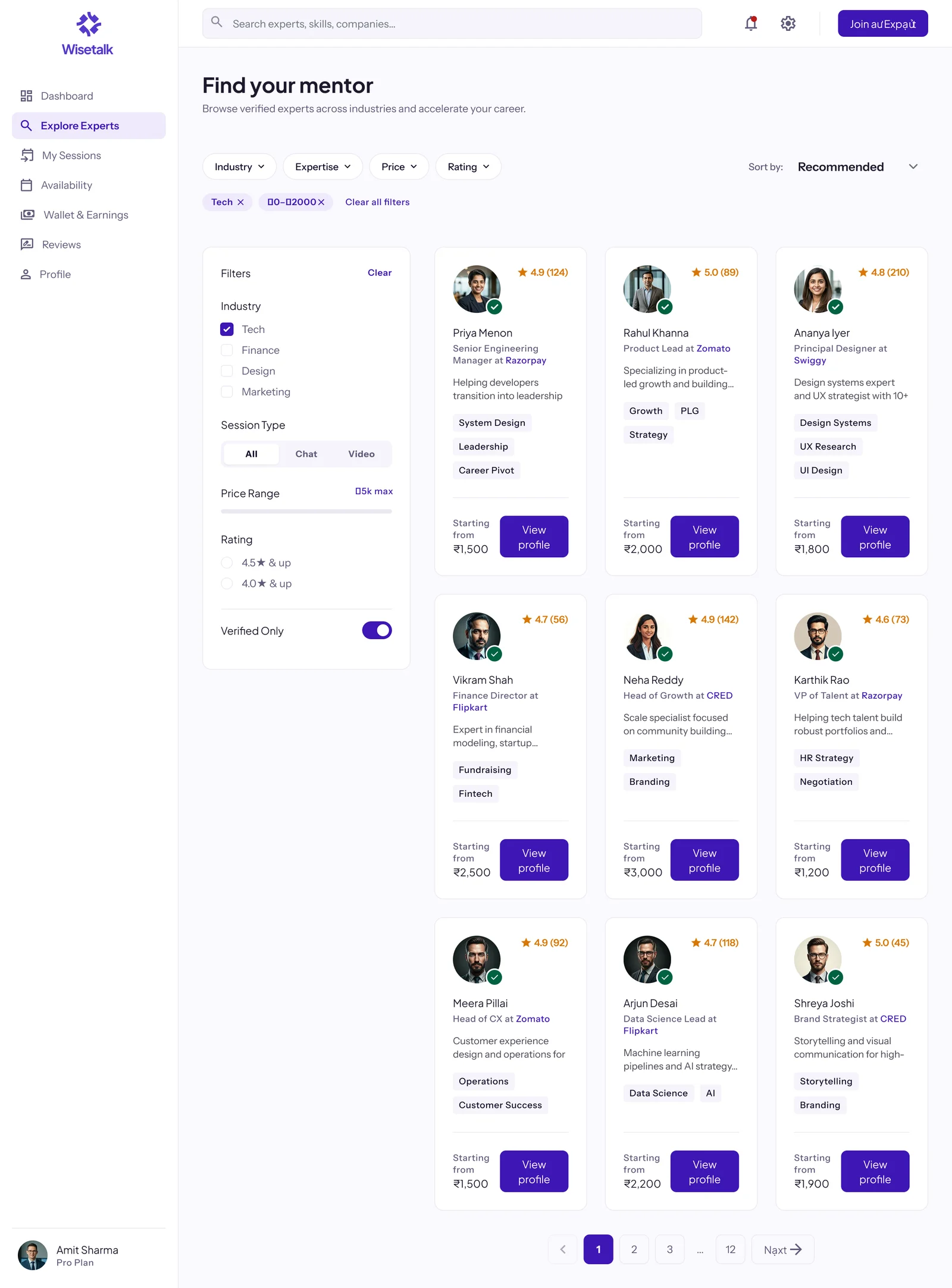 Find your mentor screen with filters and mentor cards