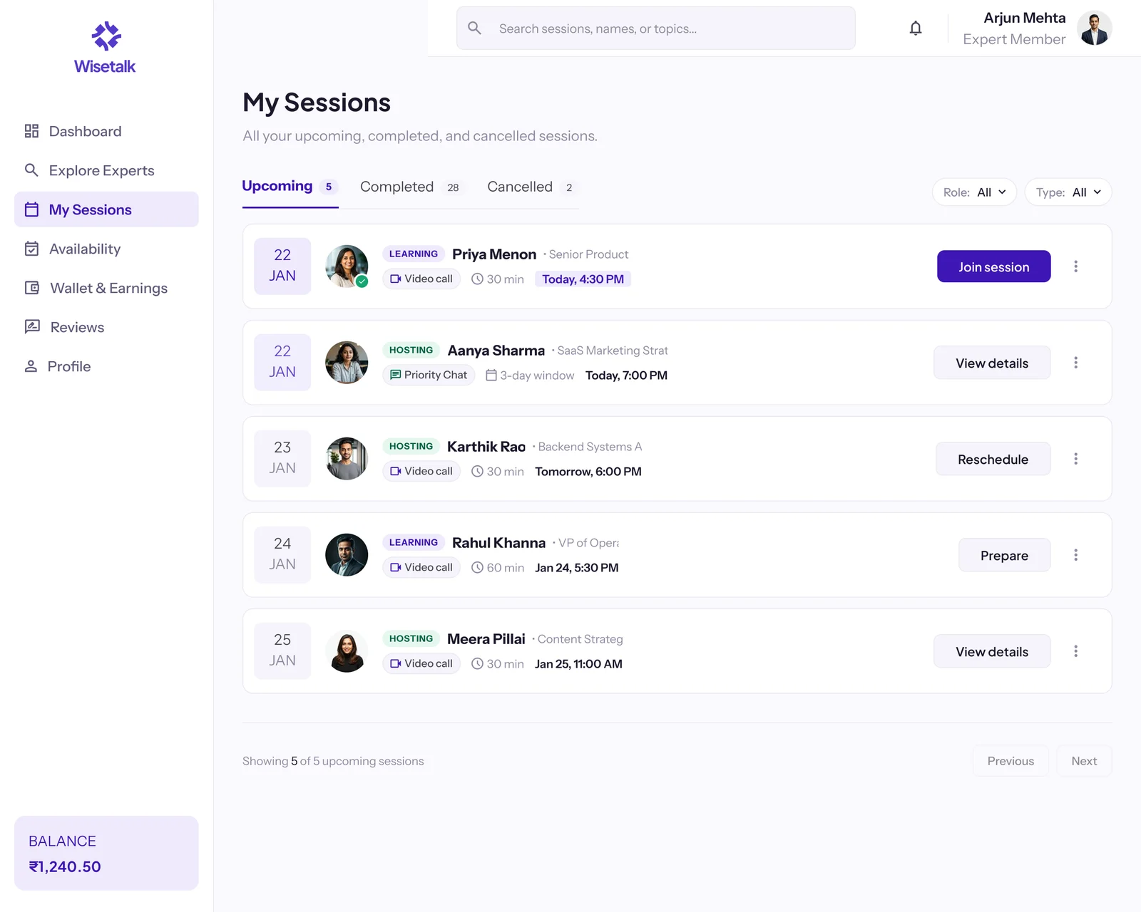 My sessions list with join and reschedule buttons