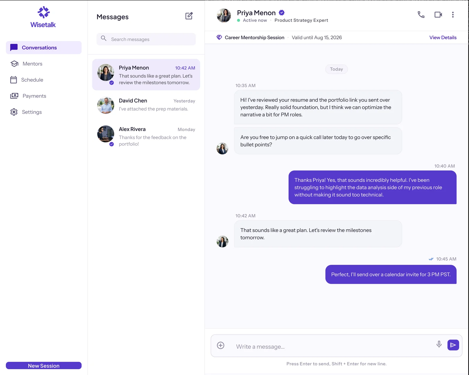 WiseTalk Messages screen